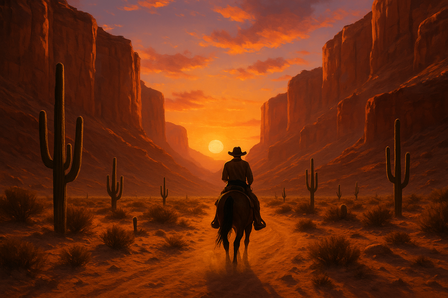 desert canyon view with a horseback rider wearing cowboy attire riding away from the camera view, sun sinking low on the horizon with a few saguaros surrounding the scene